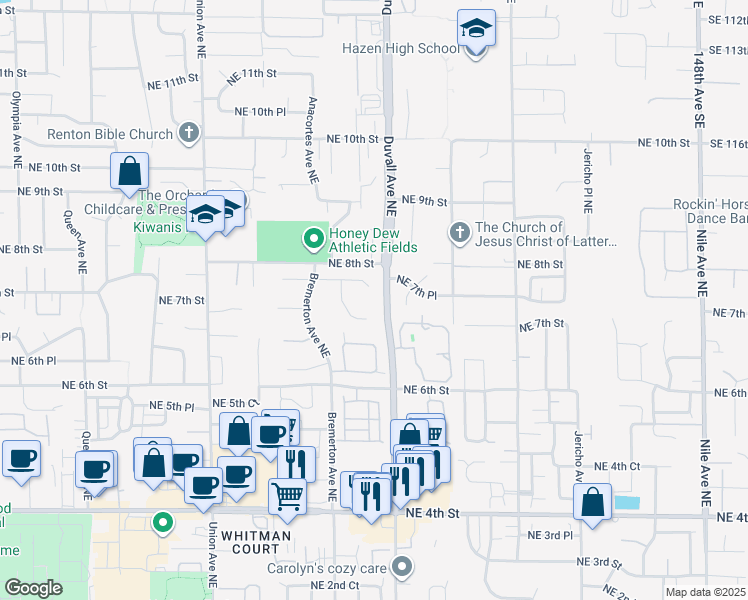 map of restaurants, bars, coffee shops, grocery stores, and more near 4627 Northeast 7th Place in Renton