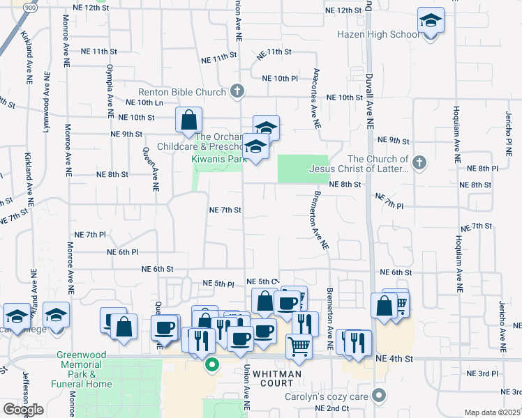 map of restaurants, bars, coffee shops, grocery stores, and more near 4126 Northeast 7th Street in Renton