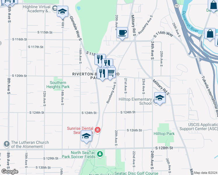 map of restaurants, bars, coffee shops, grocery stores, and more near 12047 Roseberg Avenue South in Seattle