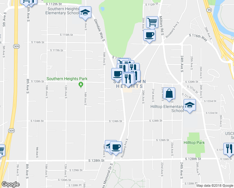 map of restaurants, bars, coffee shops, grocery stores, and more near 12037 Des Moines Memorial Drive South in Seattle