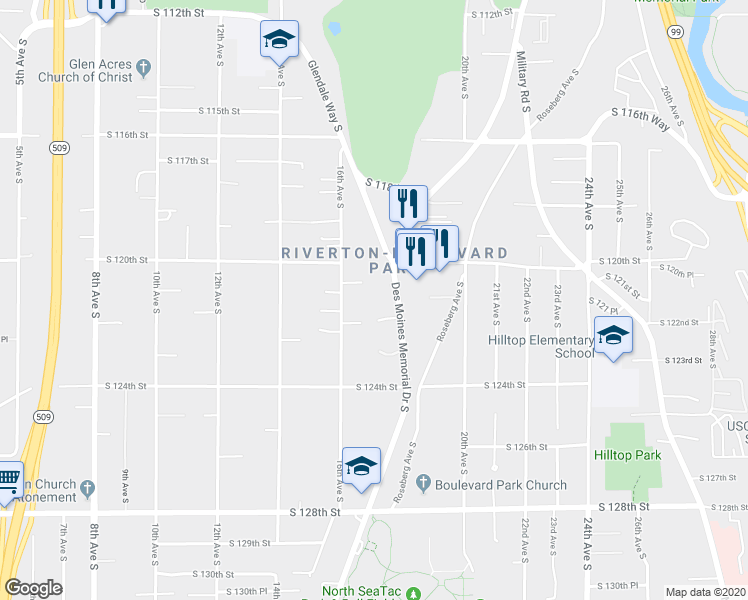 map of restaurants, bars, coffee shops, grocery stores, and more near 12037 Des Moines Memorial Drive South in Seattle
