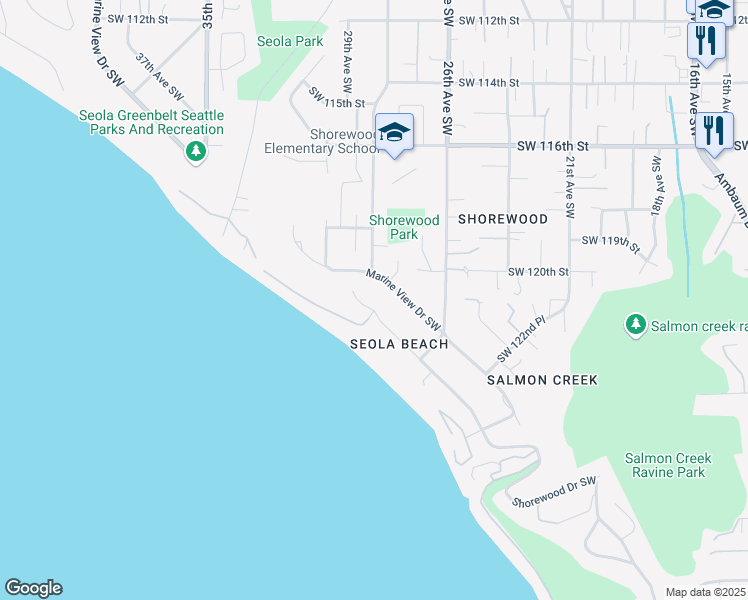 map of restaurants, bars, coffee shops, grocery stores, and more near 12100 Shorewood Drive Southwest in Burien