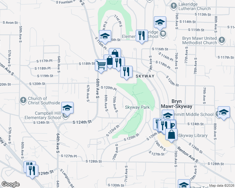 map of restaurants, bars, coffee shops, grocery stores, and more near 12017 70th Avenue South in Seattle