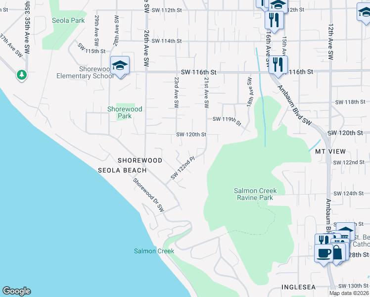 map of restaurants, bars, coffee shops, grocery stores, and more near 2126 Southwest 122nd Place in Burien