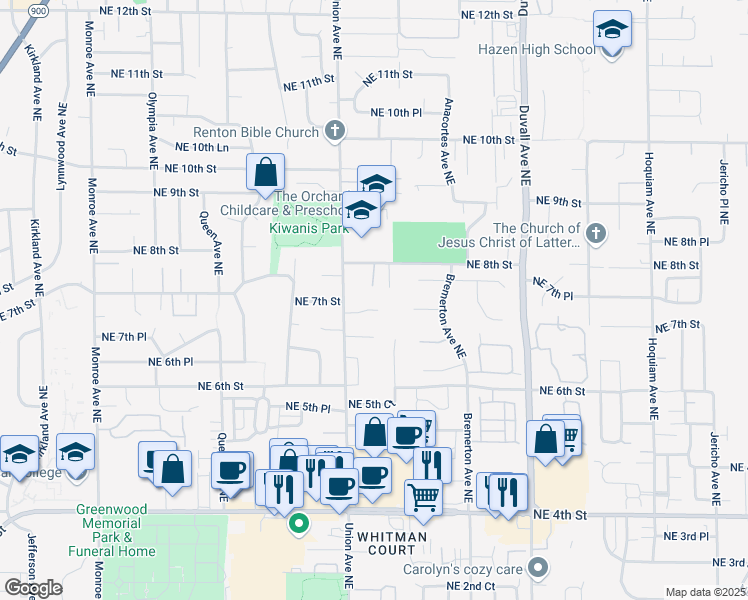 map of restaurants, bars, coffee shops, grocery stores, and more near 4126 Northeast 7th Street in Renton
