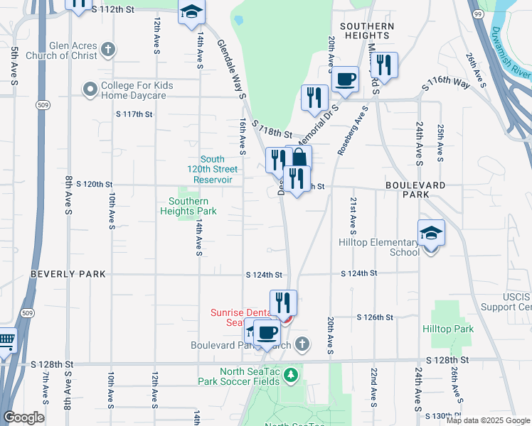 map of restaurants, bars, coffee shops, grocery stores, and more near 12037 Des Moines Memorial Drive South in Seattle