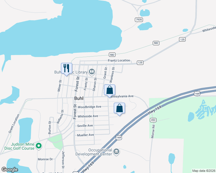 map of restaurants, bars, coffee shops, grocery stores, and more near 609 Wabigon Avenue in Hibbing