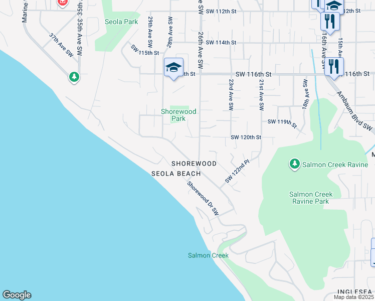 map of restaurants, bars, coffee shops, grocery stores, and more near 12134 Marine View Drive Southwest in Burien