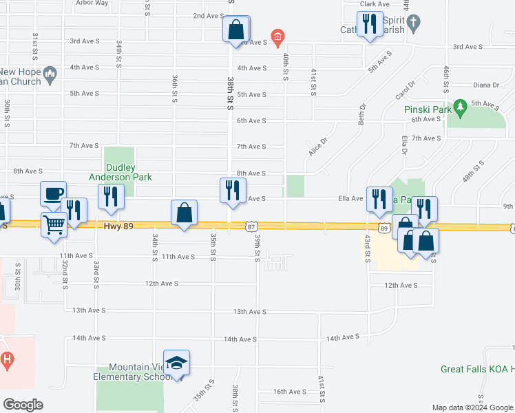 map of restaurants, bars, coffee shops, grocery stores, and more near 3822 9th Avenue South in Great Falls