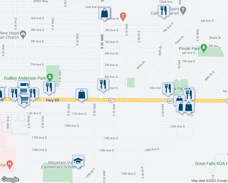 map of restaurants, bars, coffee shops, grocery stores, and more near 3824 9th Avenue South in Great Falls