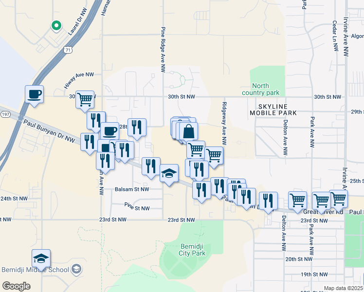 map of restaurants, bars, coffee shops, grocery stores, and more near 1401 Paul Bunyan Drive Northwest in Bemidji