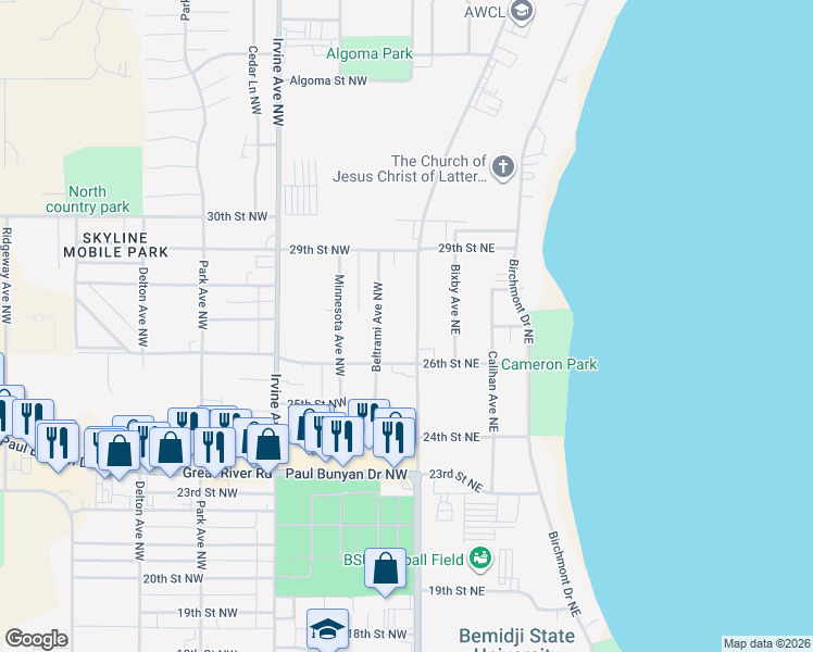 map of restaurants, bars, coffee shops, grocery stores, and more near 2608 Bemidji Avenue North in Bemidji
