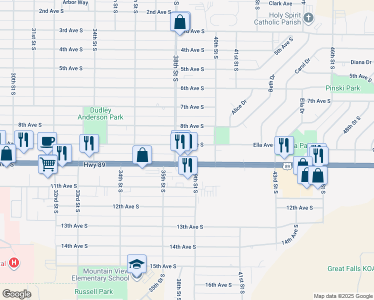 map of restaurants, bars, coffee shops, grocery stores, and more near 3843 10th Avenue South in Great Falls