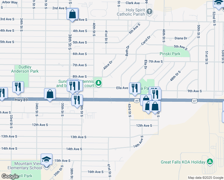 map of restaurants, bars, coffee shops, grocery stores, and more near 4032 Ella Avenue in Great Falls