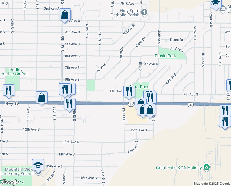 map of restaurants, bars, coffee shops, grocery stores, and more near 4048 Ella Avenue in Great Falls
