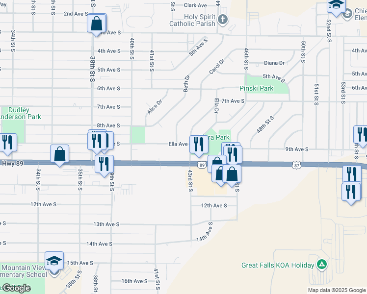 map of restaurants, bars, coffee shops, grocery stores, and more near 4048 Ella Avenue in Great Falls