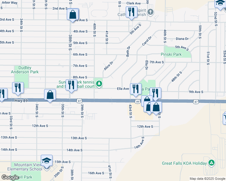 map of restaurants, bars, coffee shops, grocery stores, and more near 4032 Ella Avenue in Great Falls