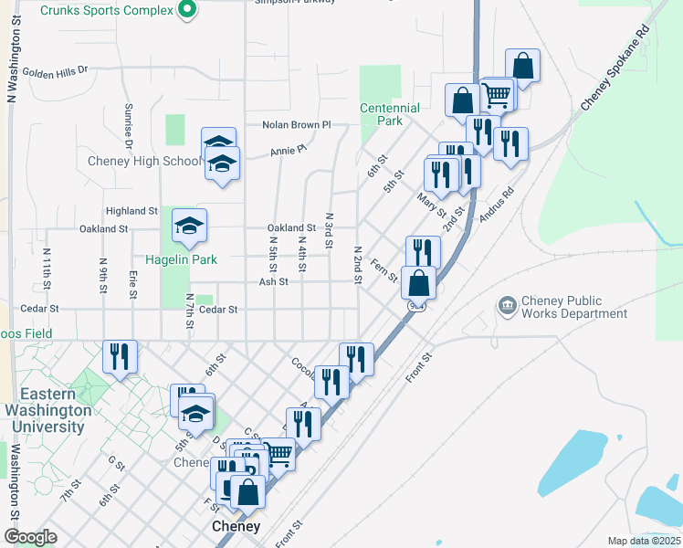 map of restaurants, bars, coffee shops, grocery stores, and more near 120 North 3rd Street in Cheney