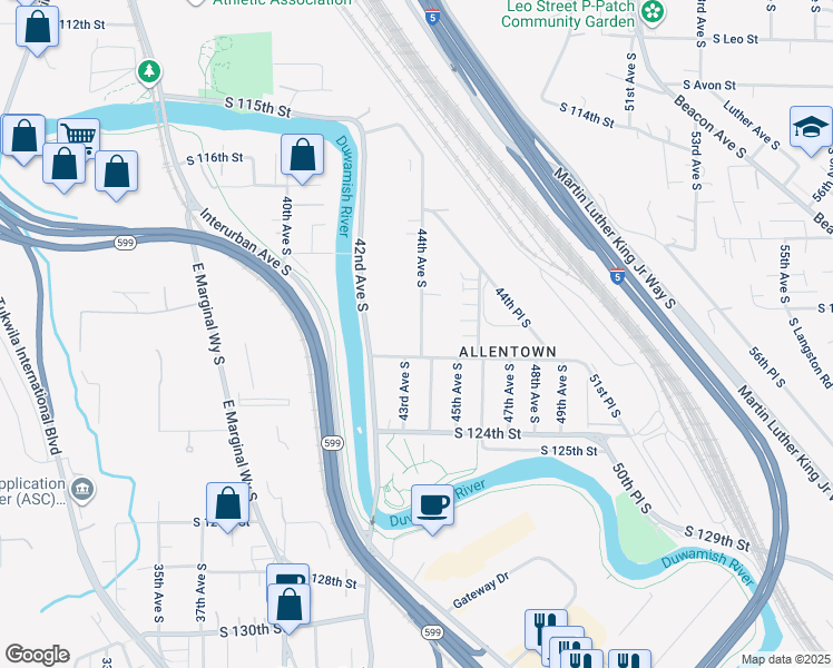 map of restaurants, bars, coffee shops, grocery stores, and more near 12019 44th Avenue South in Tukwila