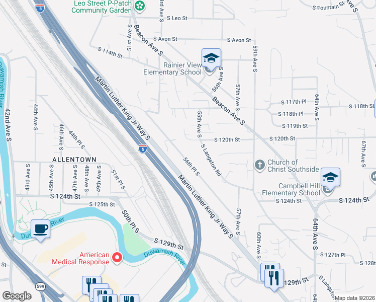 map of restaurants, bars, coffee shops, grocery stores, and more near 12038 56th Place South in Seattle