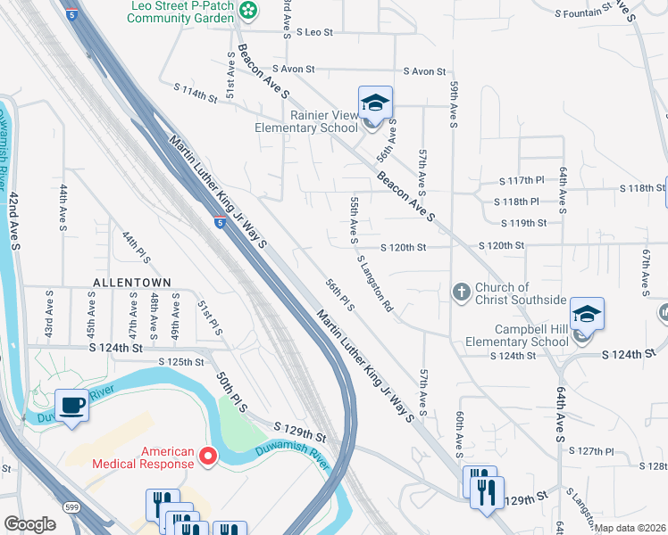 map of restaurants, bars, coffee shops, grocery stores, and more near 12038 56th Place South in Seattle