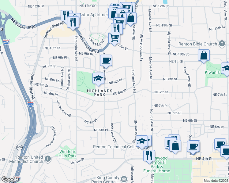 map of restaurants, bars, coffee shops, grocery stores, and more near 2826 Northeast 8th Street in Renton