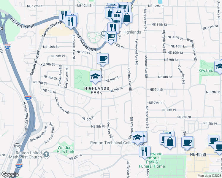 map of restaurants, bars, coffee shops, grocery stores, and more near 2905 Northeast 8th Street in Renton