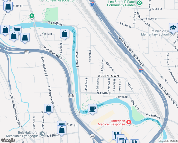 map of restaurants, bars, coffee shops, grocery stores, and more near 12015 44th Avenue South in Tukwila