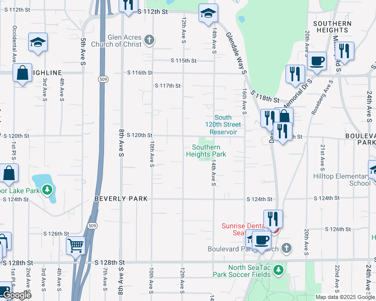 map of restaurants, bars, coffee shops, grocery stores, and more near 12042 12th Avenue South in Seattle