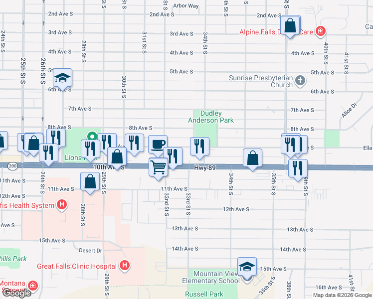 map of restaurants, bars, coffee shops, grocery stores, and more near 1325 10th Avenue South in Great Falls