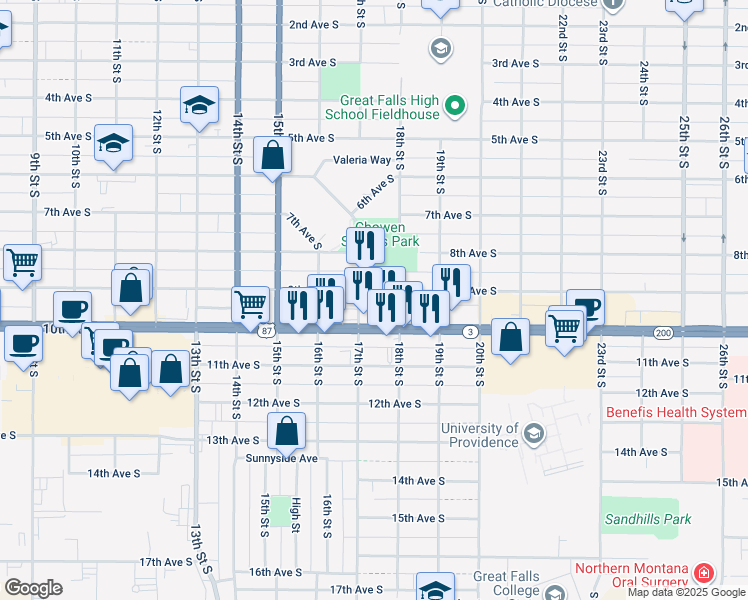 map of restaurants, bars, coffee shops, grocery stores, and more near 1719 10th Avenue South in Great Falls