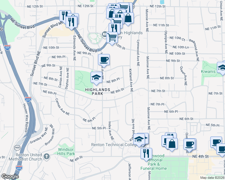 map of restaurants, bars, coffee shops, grocery stores, and more near 2905 Northeast 8th Street in Renton
