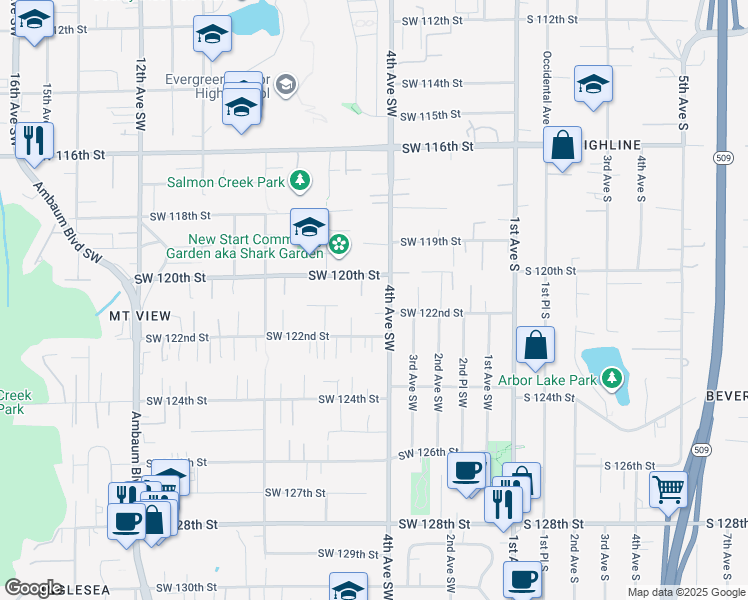 map of restaurants, bars, coffee shops, grocery stores, and more near 419 Southwest 122nd Place in Seattle