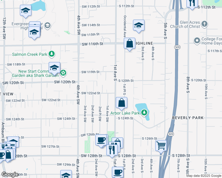 map of restaurants, bars, coffee shops, grocery stores, and more near 12033 1st Avenue South in Burien