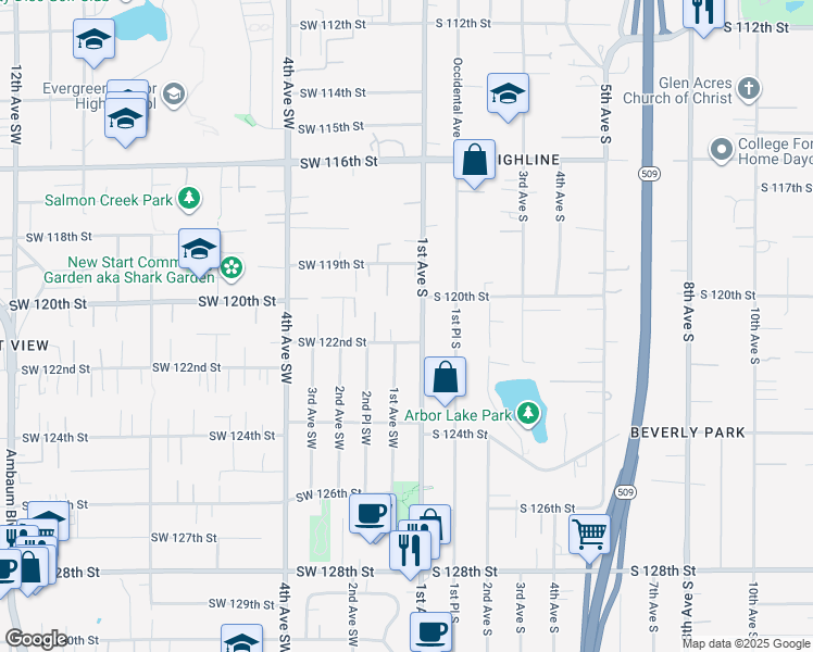 map of restaurants, bars, coffee shops, grocery stores, and more near 12033 1st Avenue South in Burien