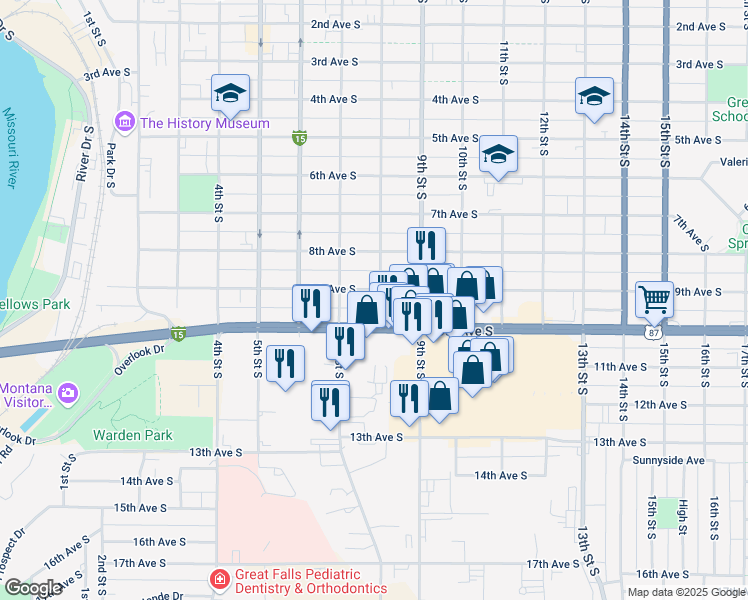 map of restaurants, bars, coffee shops, grocery stores, and more near 900-998 8th Street South in Great Falls