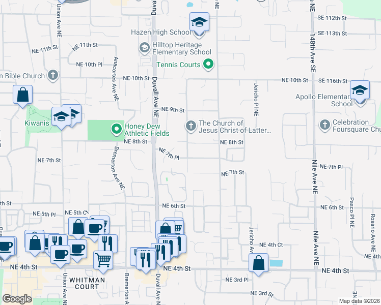 map of restaurants, bars, coffee shops, grocery stores, and more near 727 Field Avenue Northeast in Renton