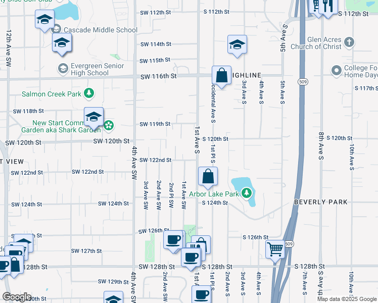 map of restaurants, bars, coffee shops, grocery stores, and more near 47 Southwest 122nd Street in Seattle