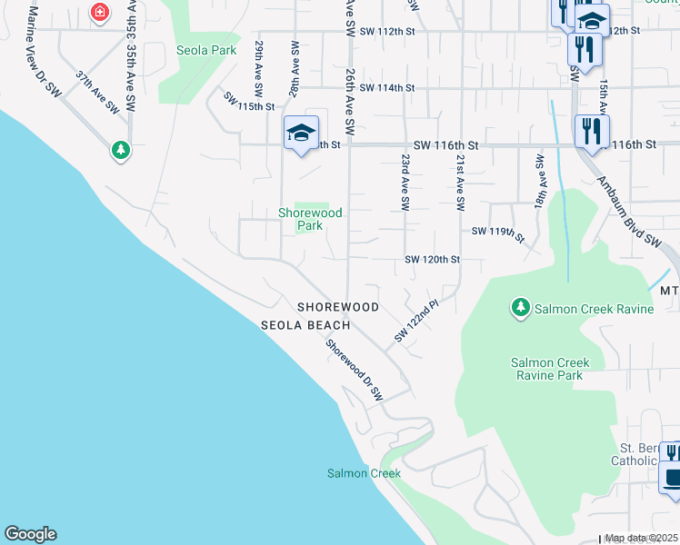 map of restaurants, bars, coffee shops, grocery stores, and more near 12134 Marine View Drive Southwest in Burien