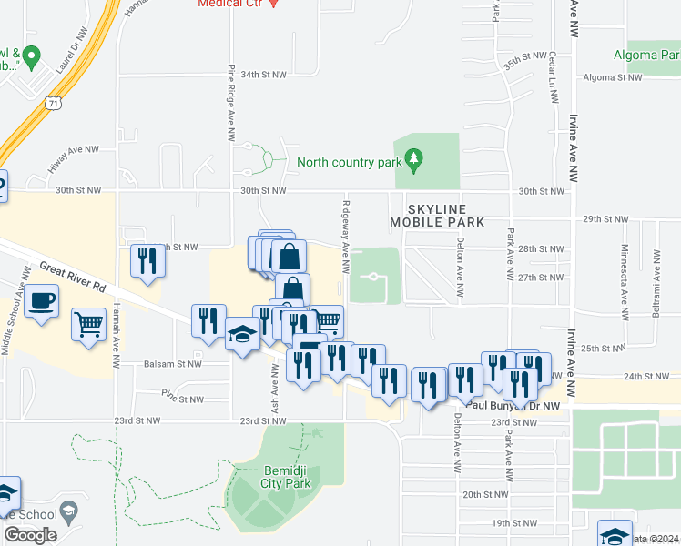 map of restaurants, bars, coffee shops, grocery stores, and more near 2590 Ridgeway Avenue Northwest in Bemidji