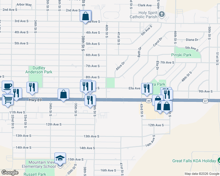 map of restaurants, bars, coffee shops, grocery stores, and more near 4021 10th Avenue South in Great Falls