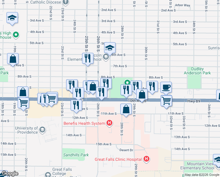 map of restaurants, bars, coffee shops, grocery stores, and more near 900 27th Street South in Great Falls