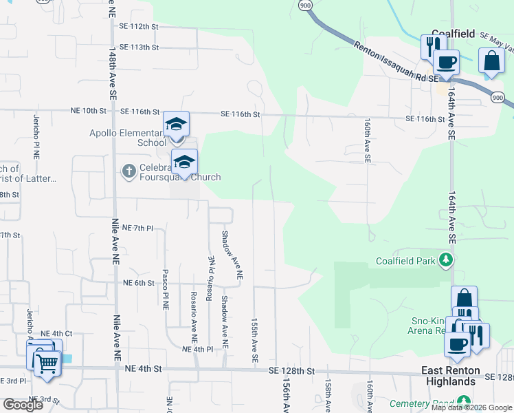 map of restaurants, bars, coffee shops, grocery stores, and more near 12033 155th Avenue Southeast in Renton