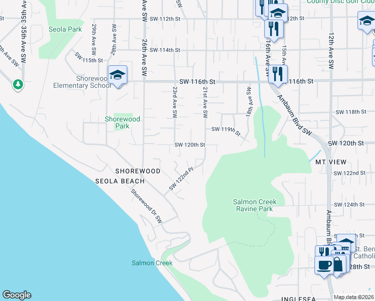 map of restaurants, bars, coffee shops, grocery stores, and more near 2126 Southwest 122nd Place in Burien