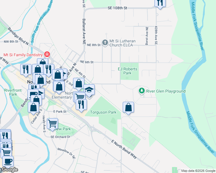 map of restaurants, bars, coffee shops, grocery stores, and more near 356 Ogle Place Northeast in North Bend