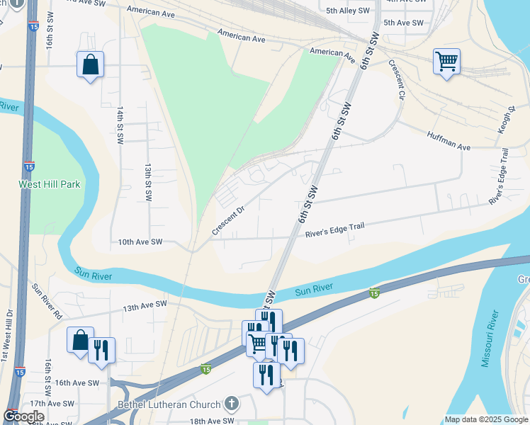 map of restaurants, bars, coffee shops, grocery stores, and more near 935 10th Avenue Southwest in Great Falls