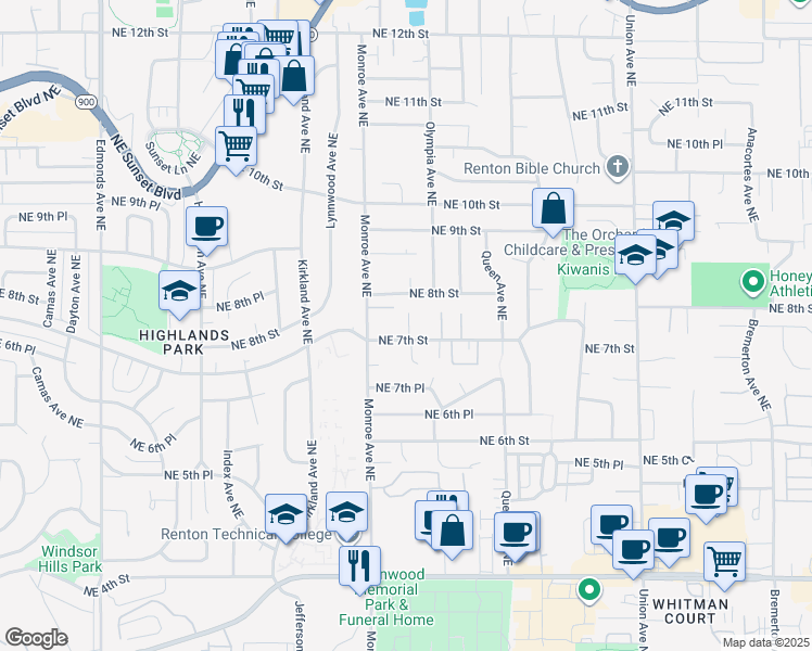 map of restaurants, bars, coffee shops, grocery stores, and more near 3401 Northeast 8th Street in Renton