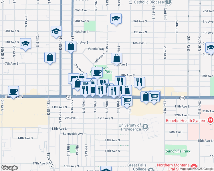 map of restaurants, bars, coffee shops, grocery stores, and more near 1813 8th Ave S in Great Falls