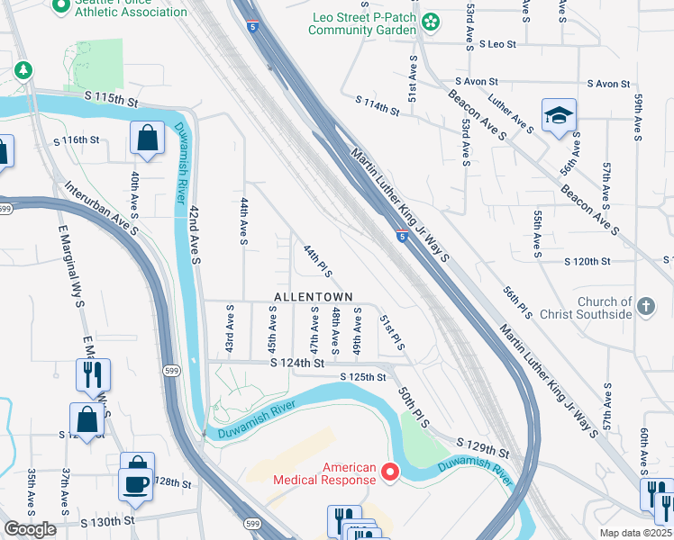 map of restaurants, bars, coffee shops, grocery stores, and more near 12034 44th Place South in Tukwila