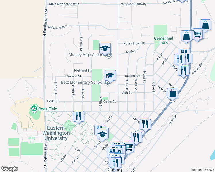 map of restaurants, bars, coffee shops, grocery stores, and more near 317 North 7th Street in Cheney